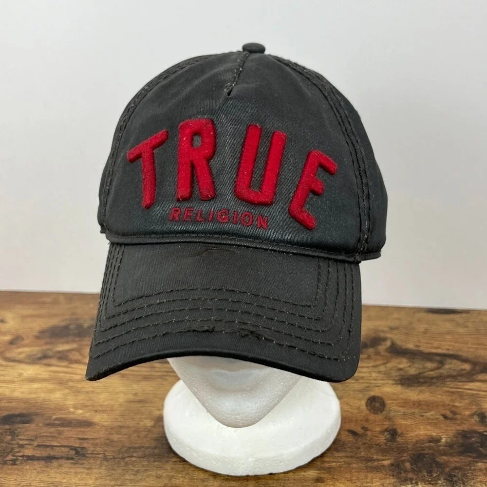 True Religion Waxed Cotton Spellout Logo Baseball Hat‎ Leather Strapback