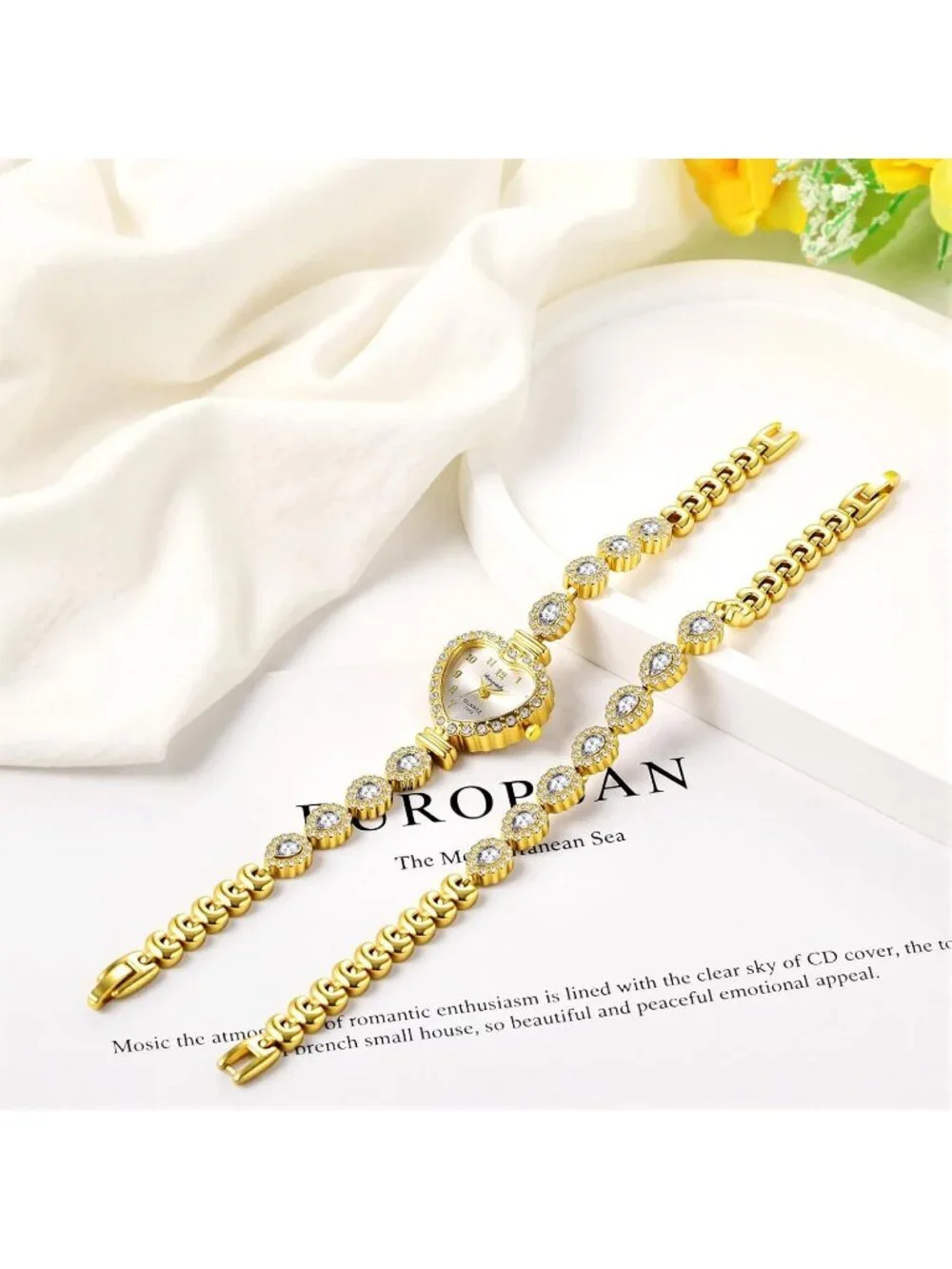 Women's White Heart Dial Bracelet Set Birthstone Crystal Quartz Display Watches