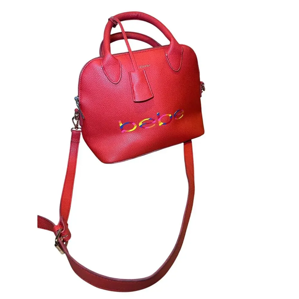 Bebe Red Pebbled Satchel Handbag Rainbow Logo Crossbody Dome Bag Womens