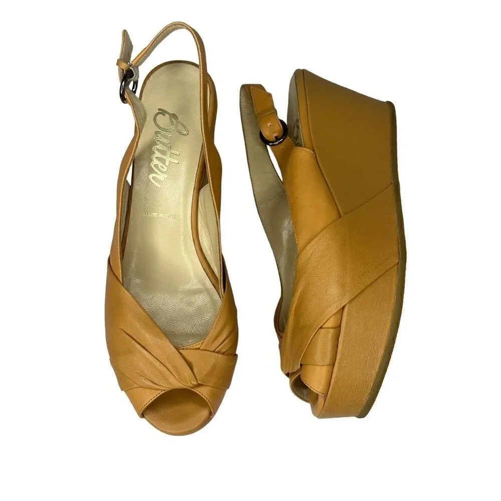 Butter Italy Light Camel Wedge Platform Peep Toe Slingback Size 9.5