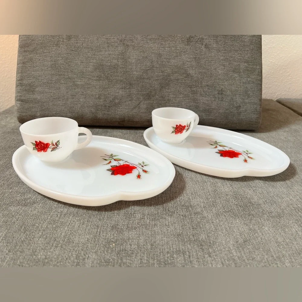 Tea Cup and Plate White Federal Milk Glass Red Rose‎ Vintage