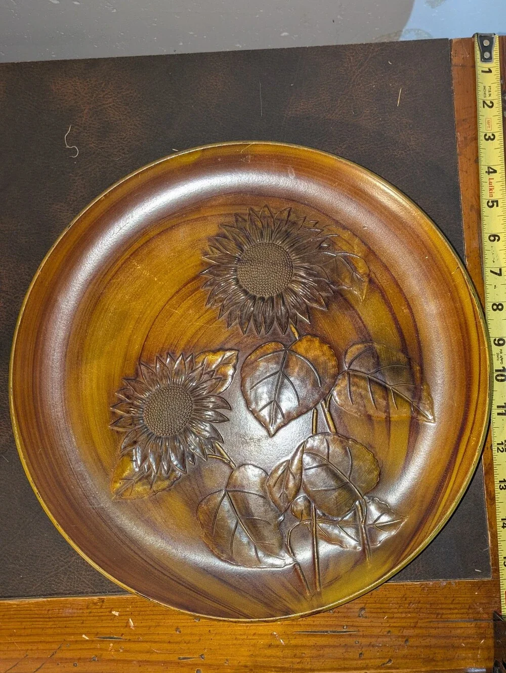 Decorative Sunflower Carved Wooden Plate - Brown