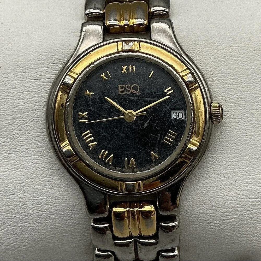 ESQ Womens Watch 27mm Black Two Tone Stainless Date 100176A New Battery 6.75