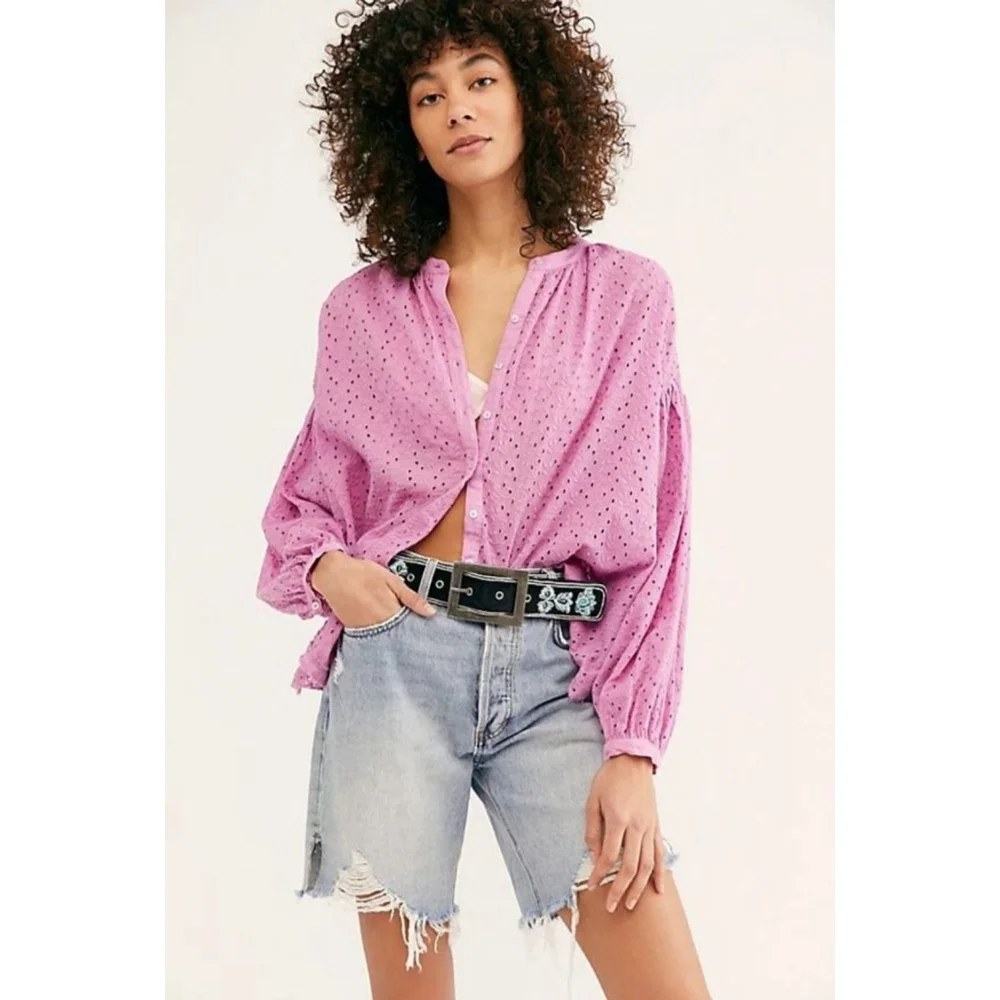 FREE PEOPLE NWT Maddison Eyelet Balloon Sleeve Oversized Orchid Blouse‎ S Pink