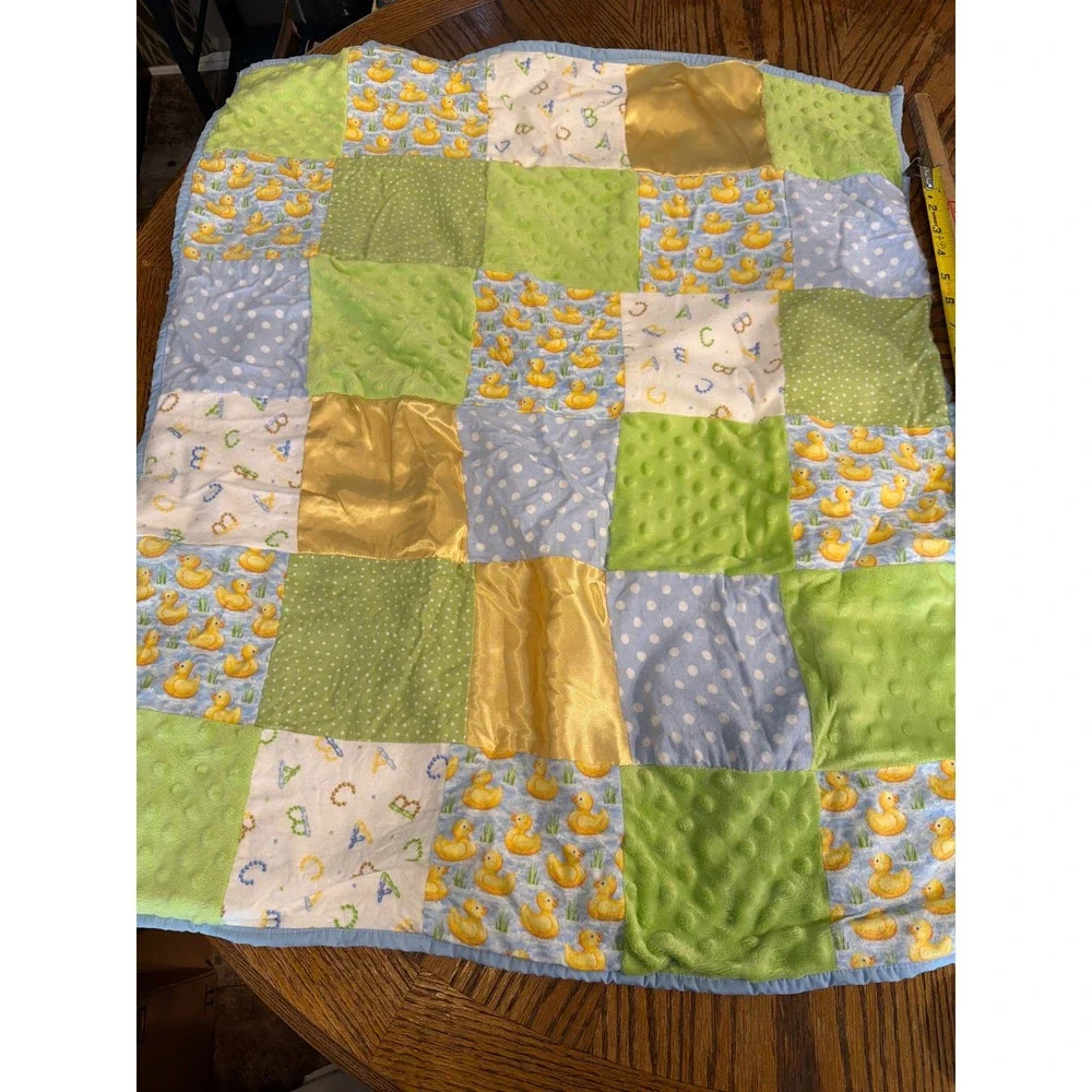 Project‎ Linus Patchwork Baby Blanket Rubber Ducky Minky Satin Green Blue 33x27