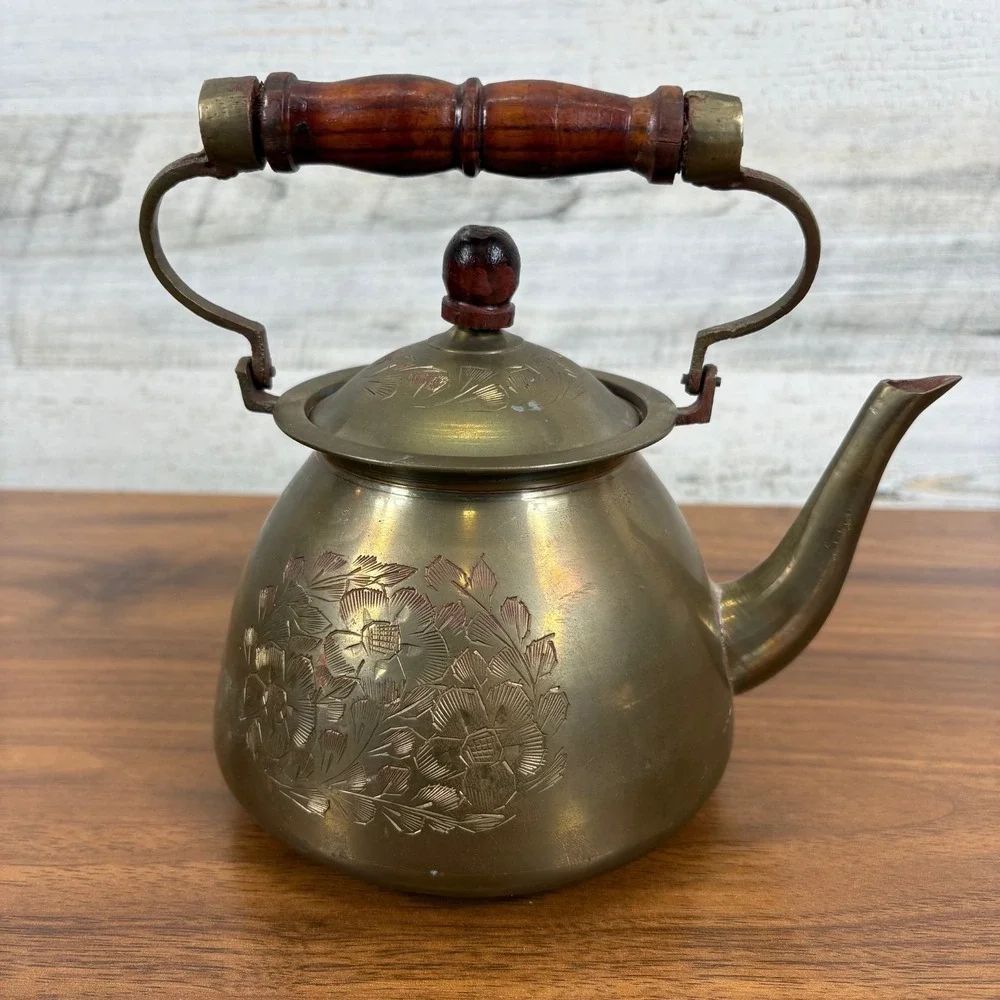 Antique 19th Century Brass Kettle Teapot Ornate Floral Engraving.‎ #819 India