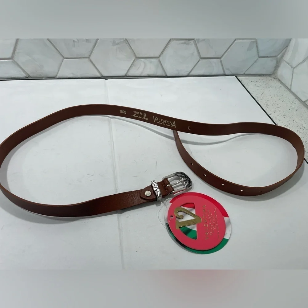 Valentina Leather Vera Pelle Tan Belt Silver Buckle & Tips Made In Italy Classic
