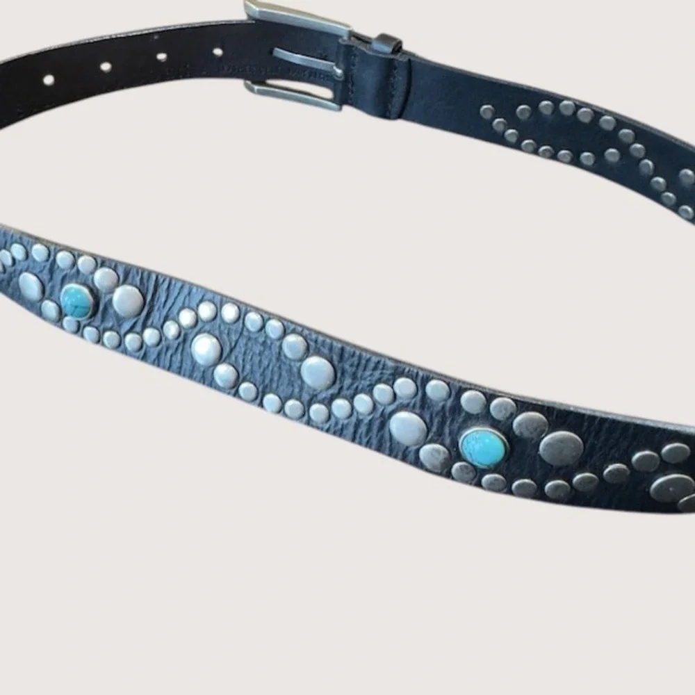 Steve Madden Womens Black Leather Studded Belt‎ Turquoise Accents MY401 Size S