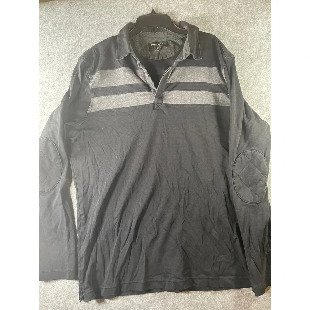 Banana Republic Luxury Touch Mens XL Tall Long Sleeve Polo Black Grey‎ Striped