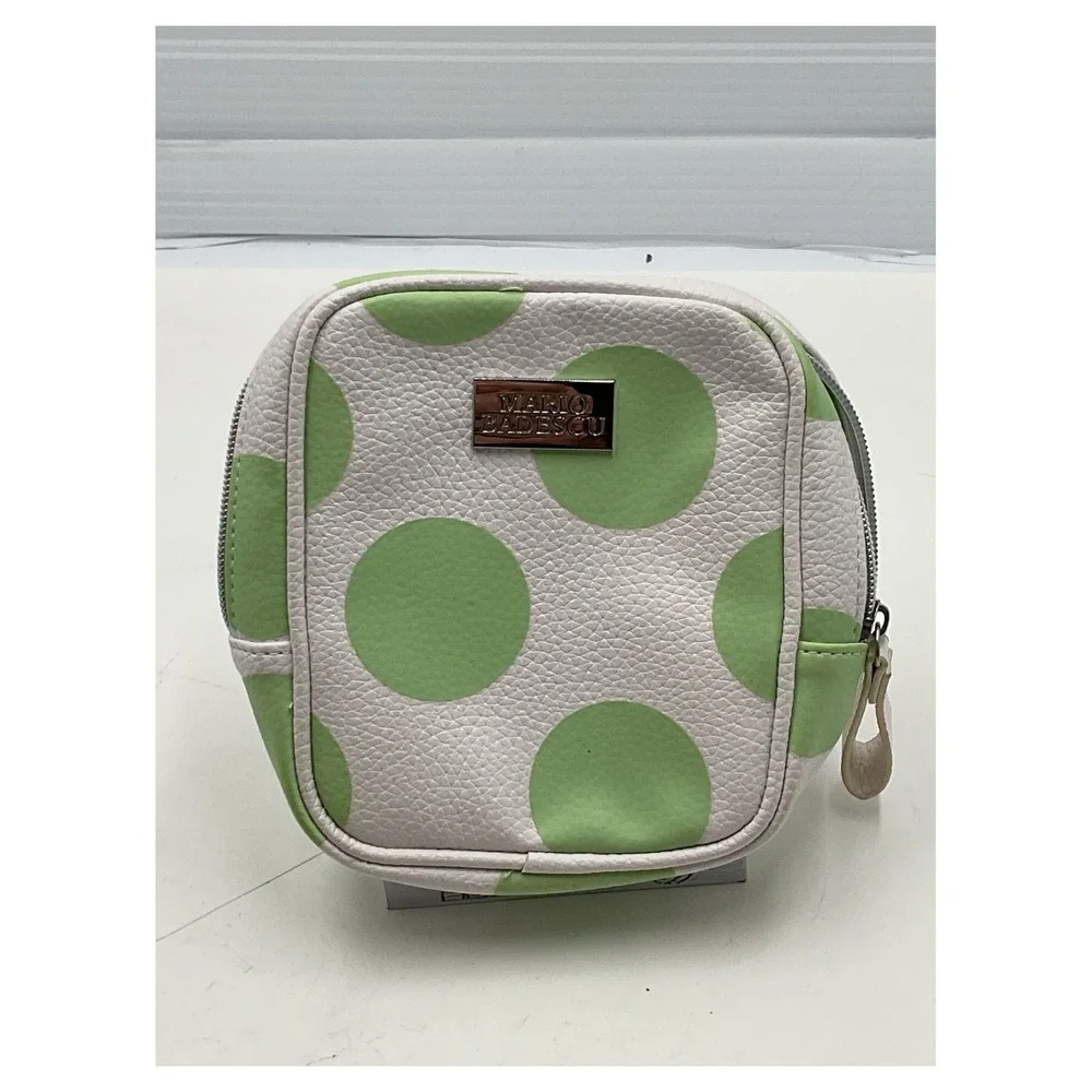 Mario Badescu Polka Dot‎ Cosmetic Bag White Green Faux Leather Travel Pouch 6.5