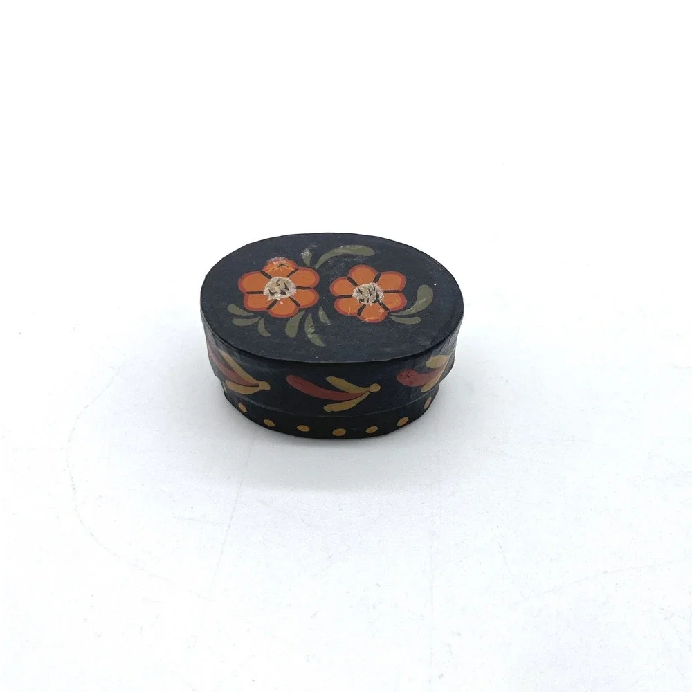Vintage Folk Art Hand Painted Miniature Trinket Box Floral Black‎ Oval