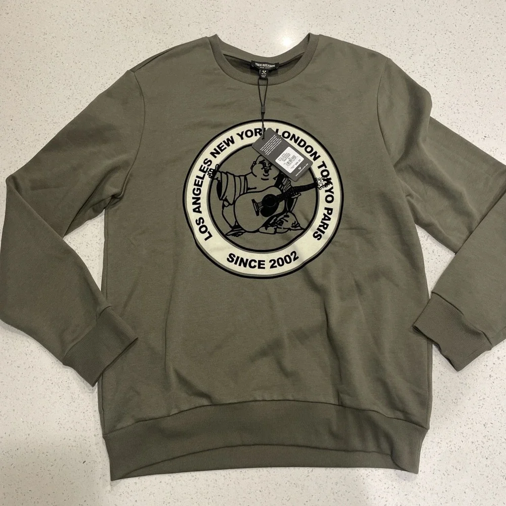 True Religion City Buddha Crew Neck Pullover Sweatshirt Olive Green Size XL NWT‎