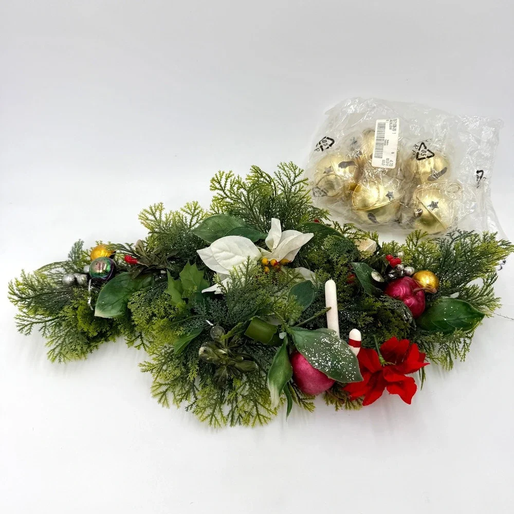 VTG Christmas Plastic Greenery Centerpiece Candle Decor and 5 Golden‎ Bells