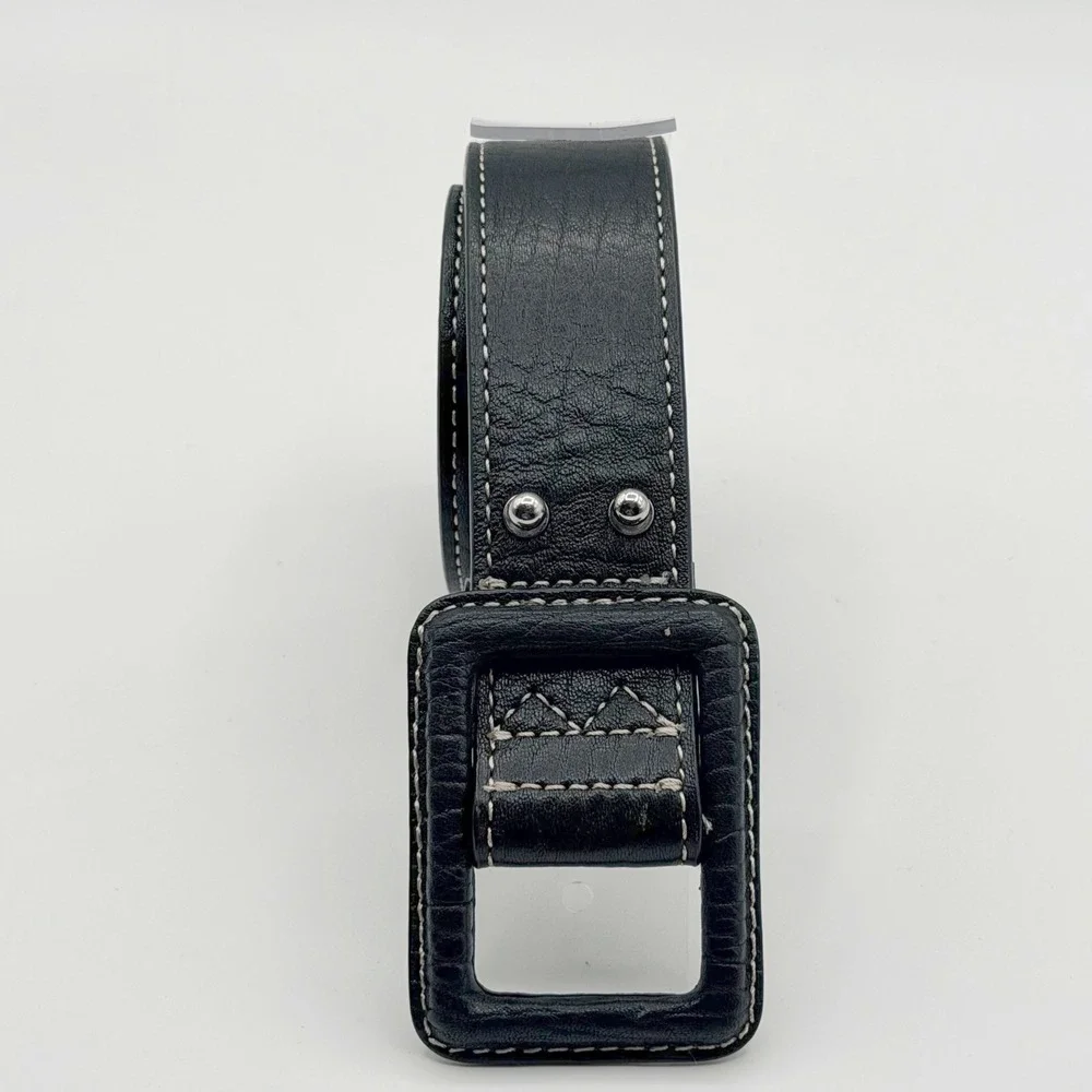 Talbots Womens XS Black Leather Belt Contrast Stitch Leather Wrapped Buckle Stud