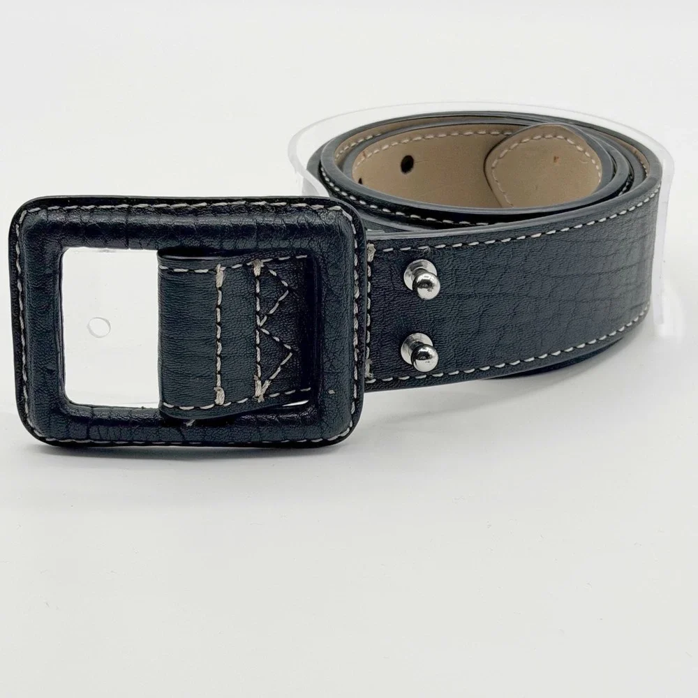 Talbots Womens XS Black Leather Belt Contrast Stitch Leather Wrapped Buckle Stud