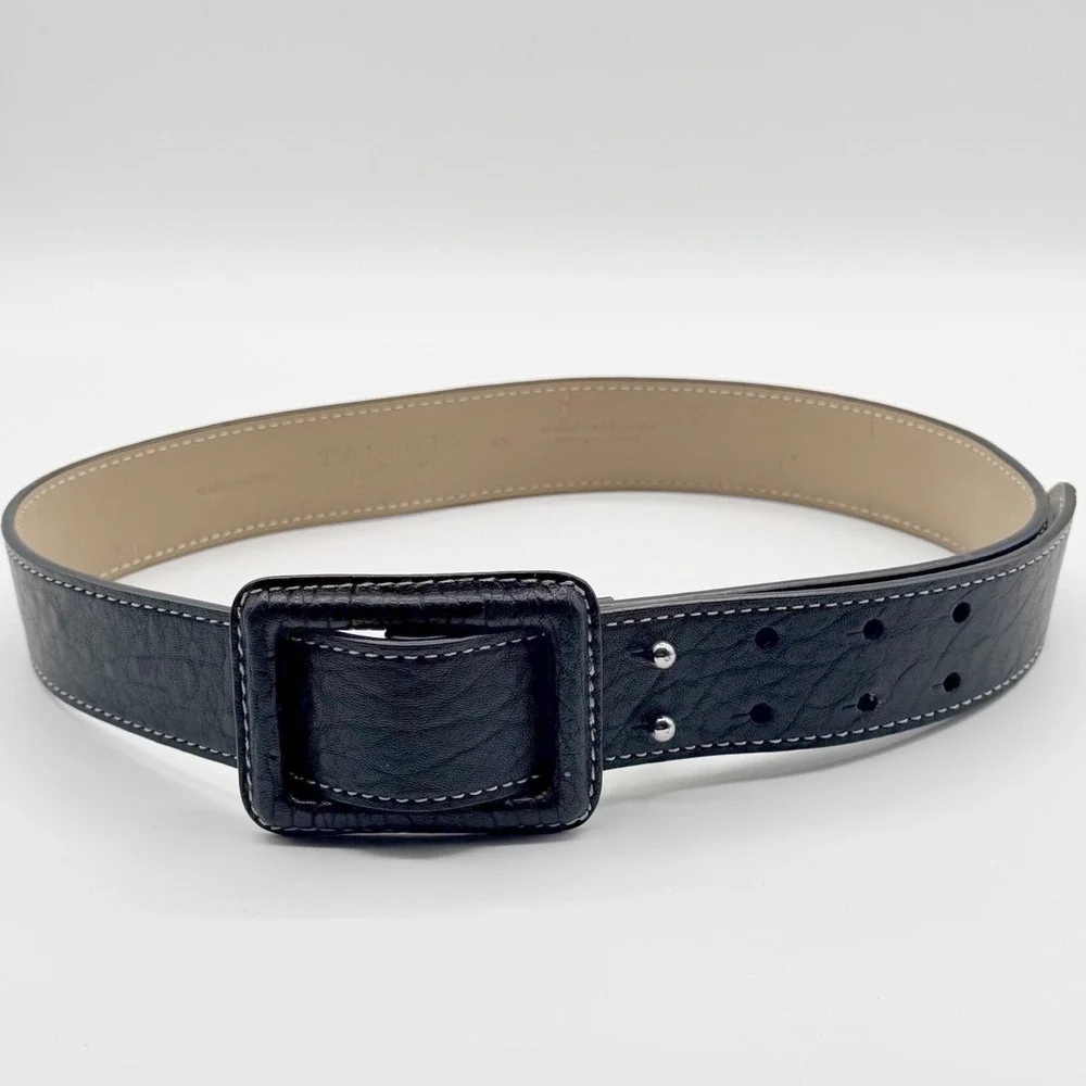 Talbots Womens XS Black Leather Belt Contrast Stitch Leather Wrapped Buckle Stud