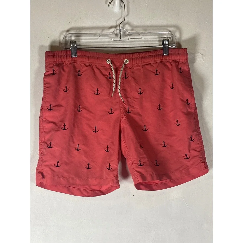 Coral Anchor‎ Print Swim Trunks Lined Drawstring Beach Shorts Men's Medium