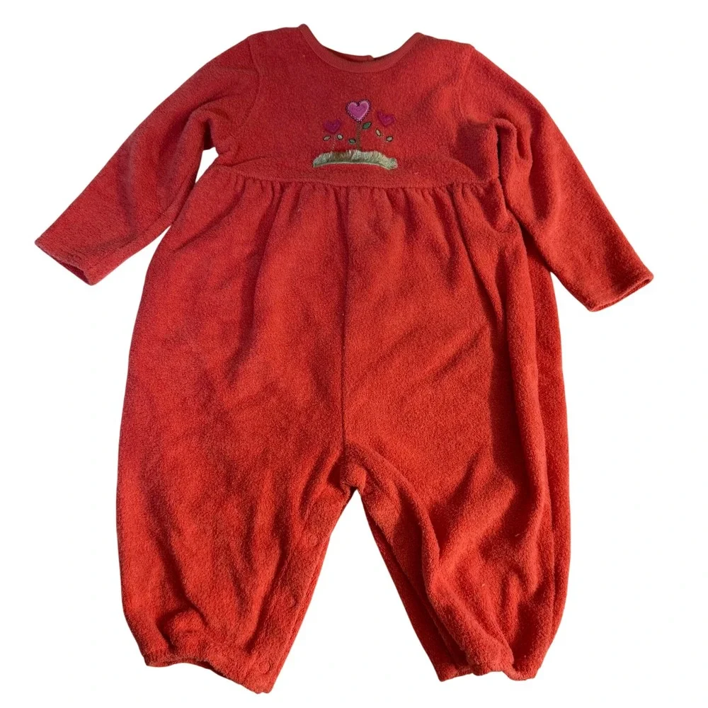 Vintage Y2K Carters Girls Fleece Coral Jumpsuit Floral Heart embroidered 12-18m