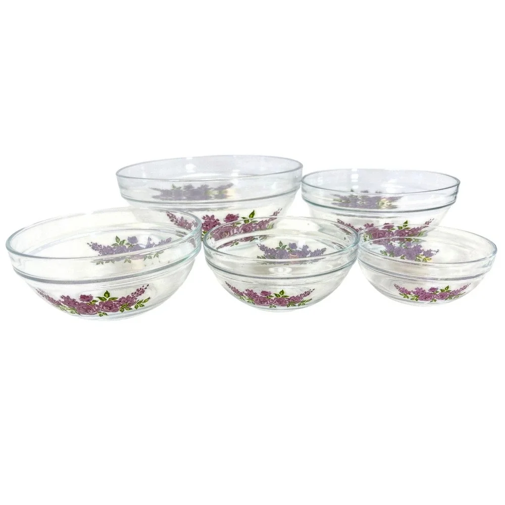 Vintage Imperial Glass Purple Floral Rose Nesting Bowl Set 5 Piece Heat Resists