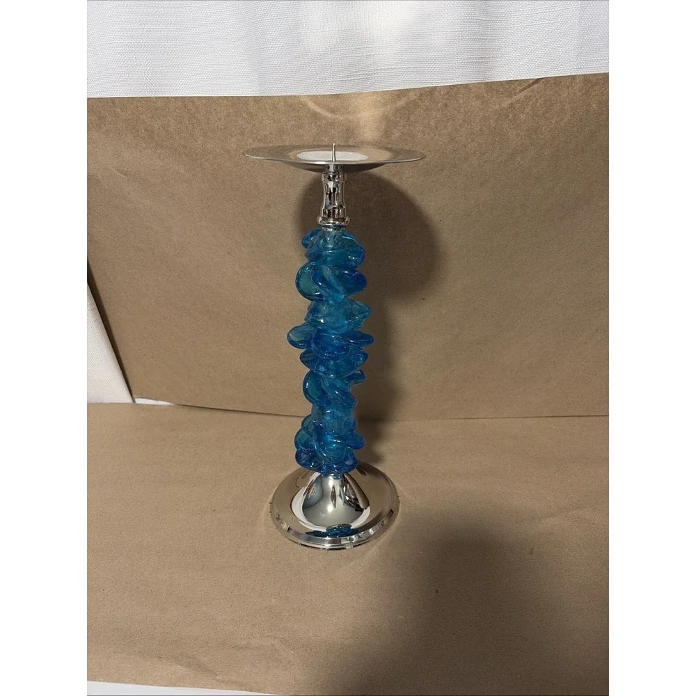 Blue Acrylic Stacked Resin Pillar Candlestick Holder 11.5in Metallic 1970s Style