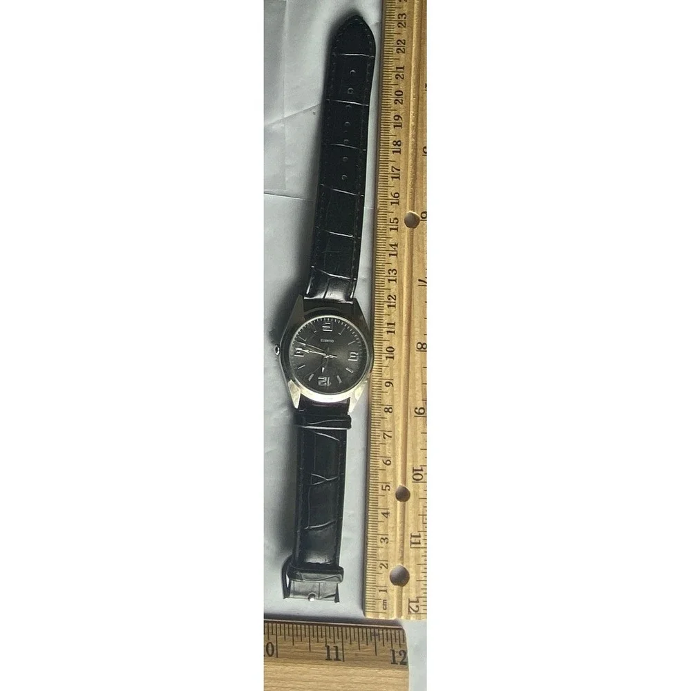 en's Zanmo Black Leather Band Quartz‎ Analog Wristwatch Silver Tone Case