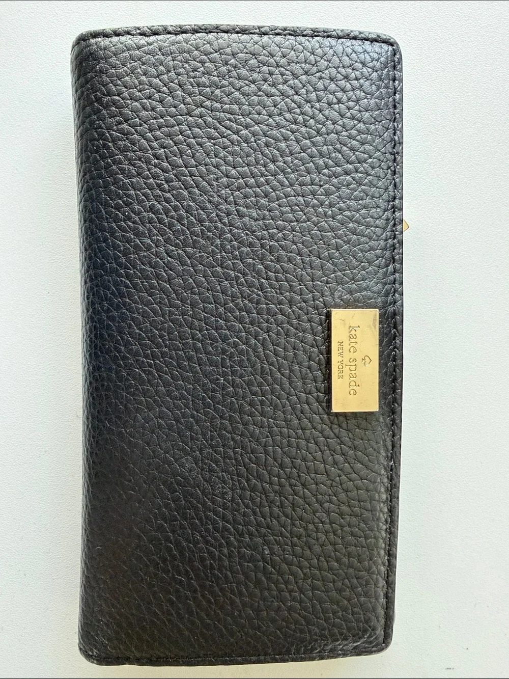 kate spade Black Pebbled Leather Long Wallet with Gold Logo Plaque