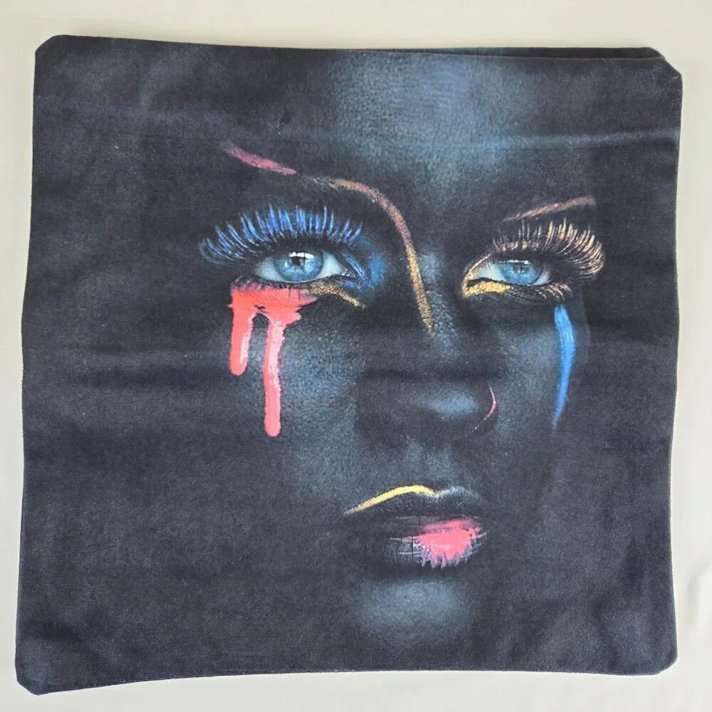 Set of 2 Black Throw Pillow Covers Woman With Pink Blue & Gold Accents Zip Back
