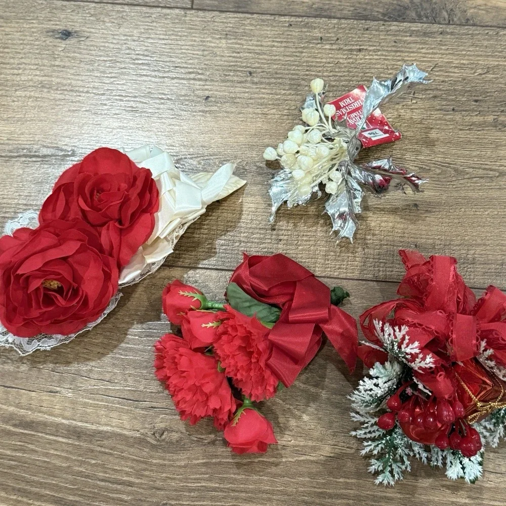 Christmas Corsage Vintage Lot 3 Holly Red Silver Ribbon Flowers Vtg