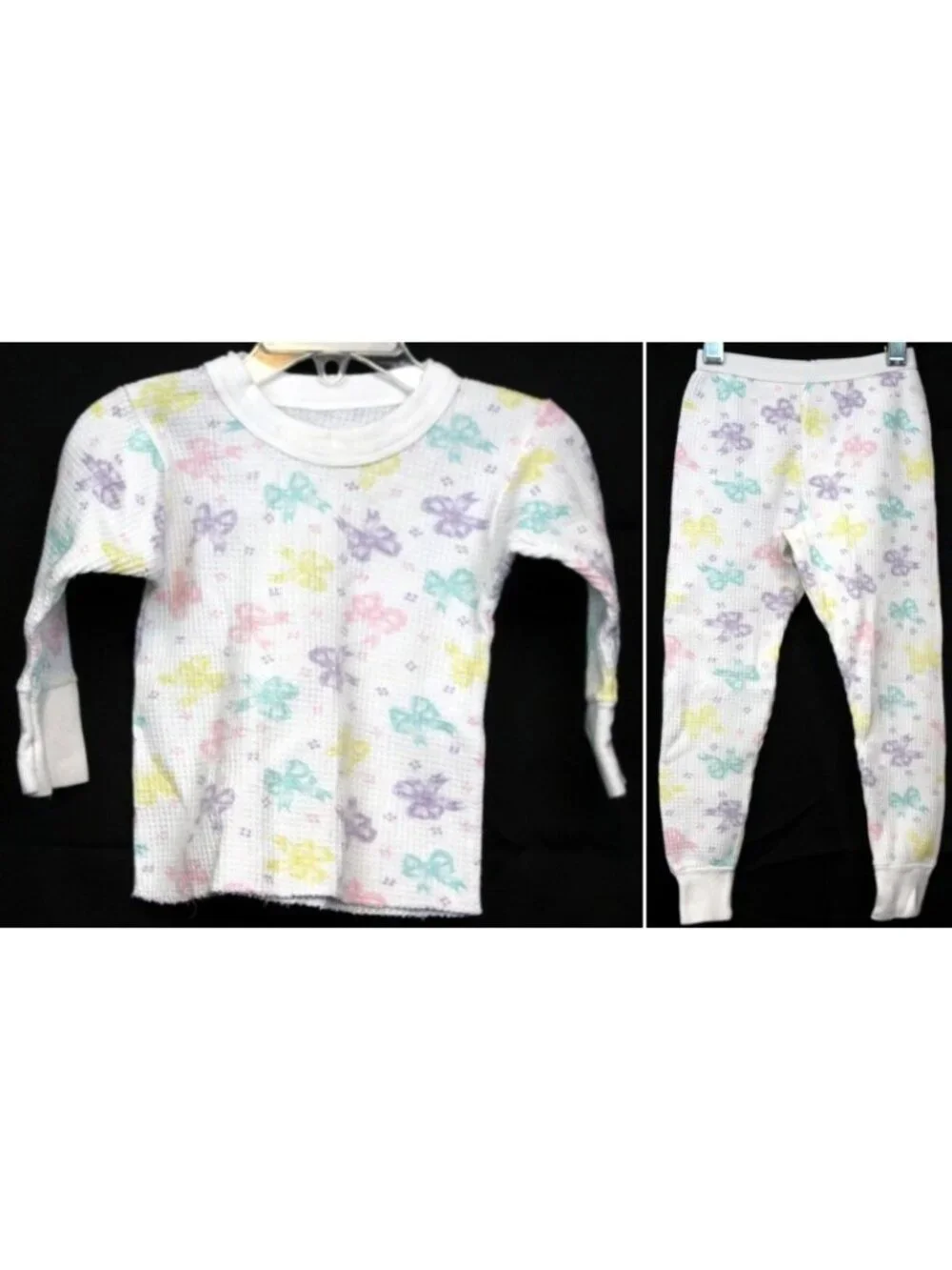 Vtg Waffle Knit Thermal Long Johns Toddler Girl Bows 2/3T USA Pastel Winter