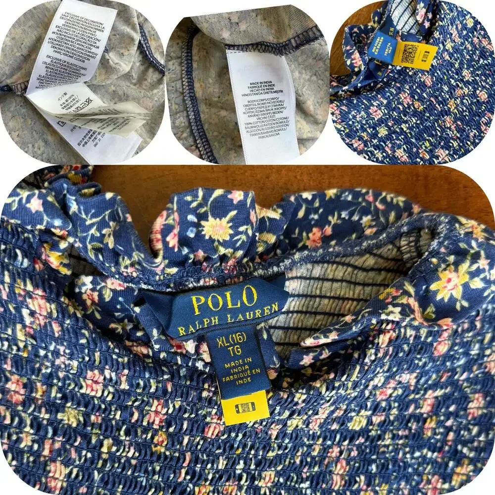 Polo Ralph Lauren Girls XL 16 Navy Floral Smocked Tiered Long-Sleeve Dress