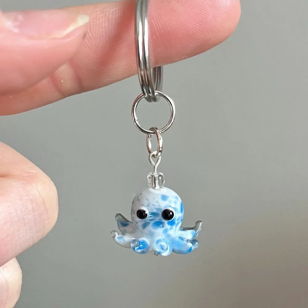 White and Blue Spotted Octopus / Squid Key Chain