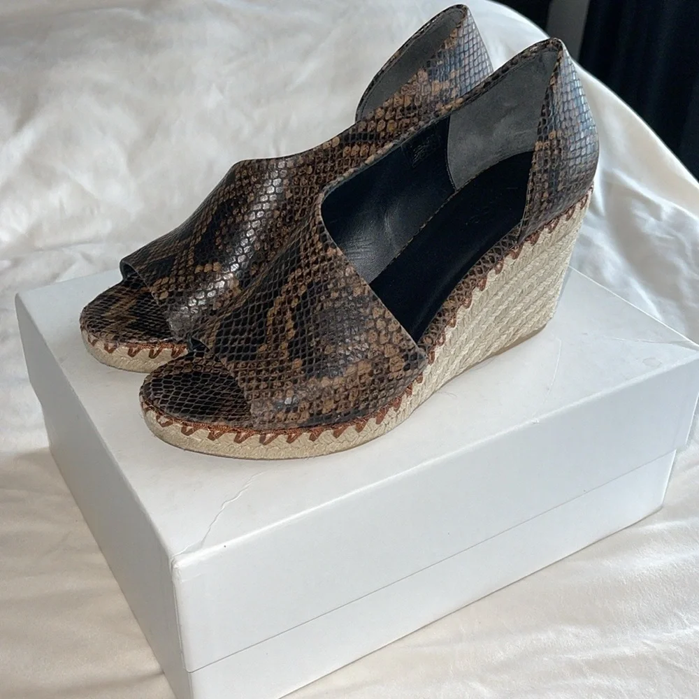 VINCE Percey Snakeskin Coffee Open Toe Heel