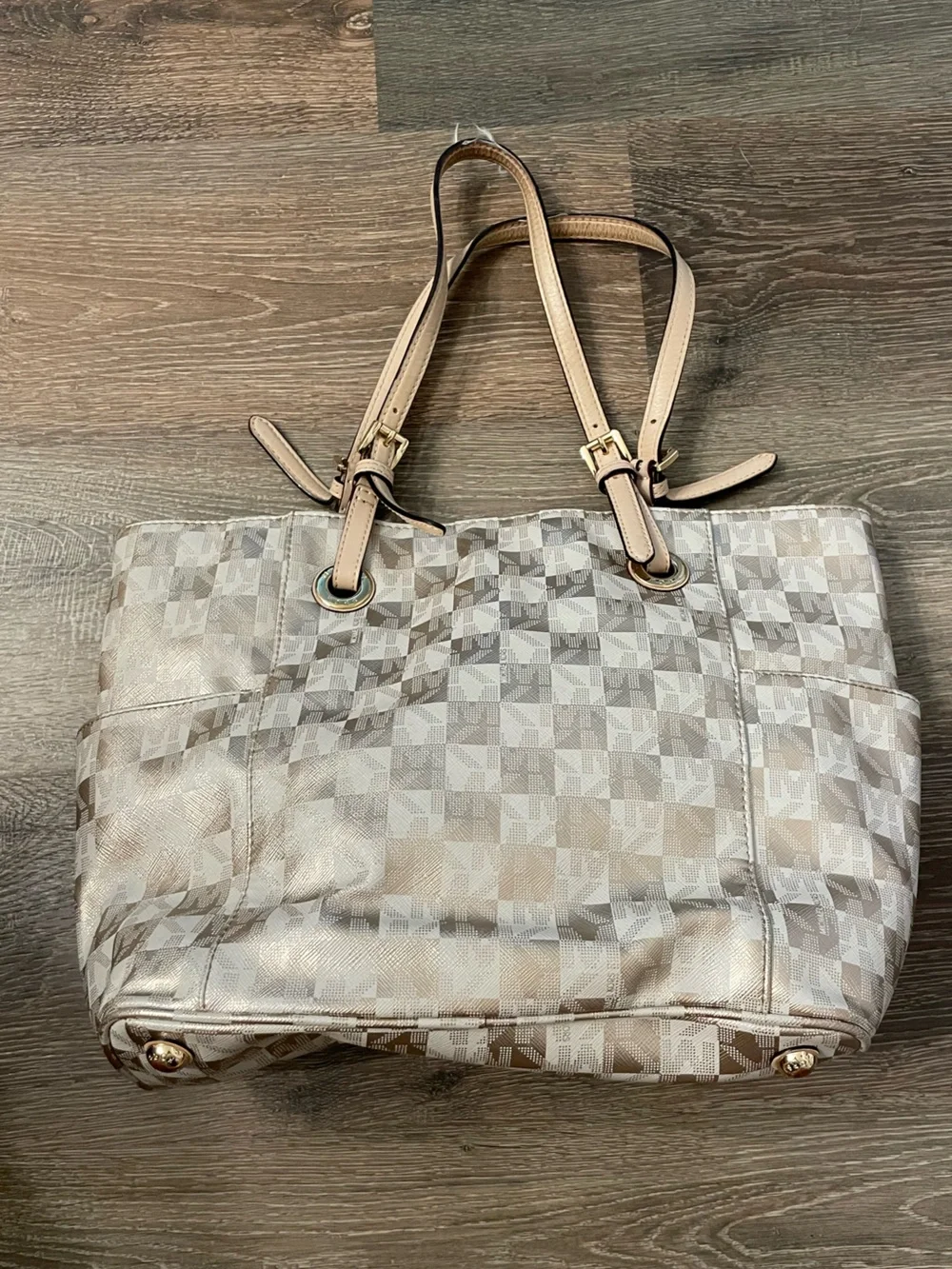 Michael Kors Metallic Beige Checkered Shoulder Tote Tan Leather Straps