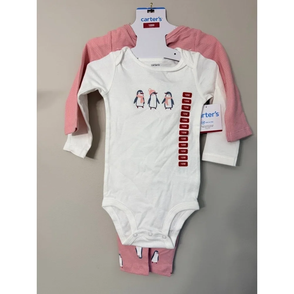 Carter's‎ 3-Piece Bodysuit Pants Set Baby Girl Pink Penguin Waffle Knit NWT