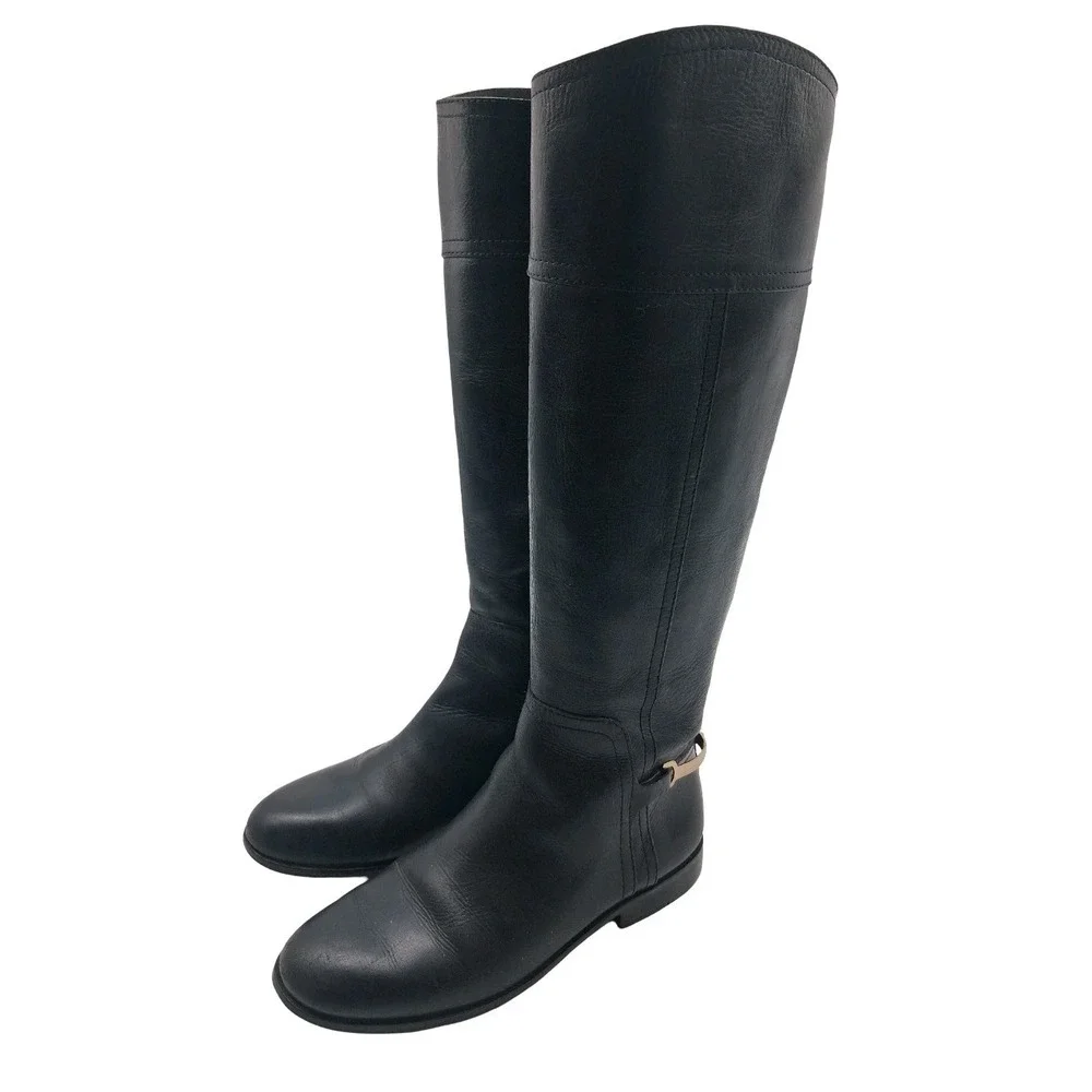 Tory Burch Boots Womens Size 7 Black Leather Knee High Riding Zip Logo