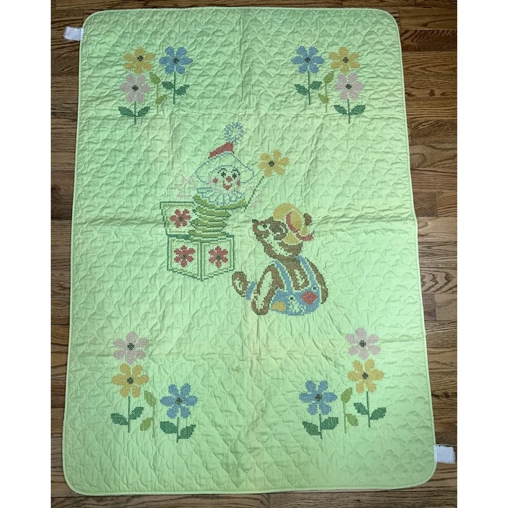 VTG Teddy Bear Jack In The Box Baby Crib Quilt Blanket Green Crossstitch 57