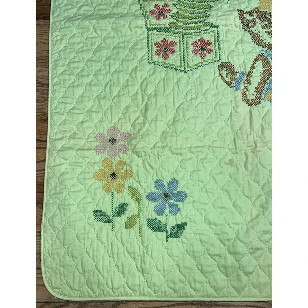 VTG Teddy Bear Jack In The Box Baby Crib Quilt Blanket Green Crossstitch 57