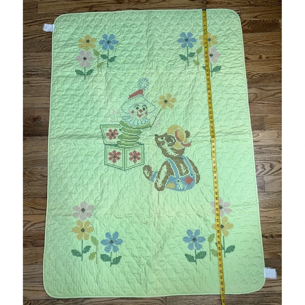 VTG Teddy Bear Jack In The Box Baby Crib Quilt Blanket Green Crossstitch 57