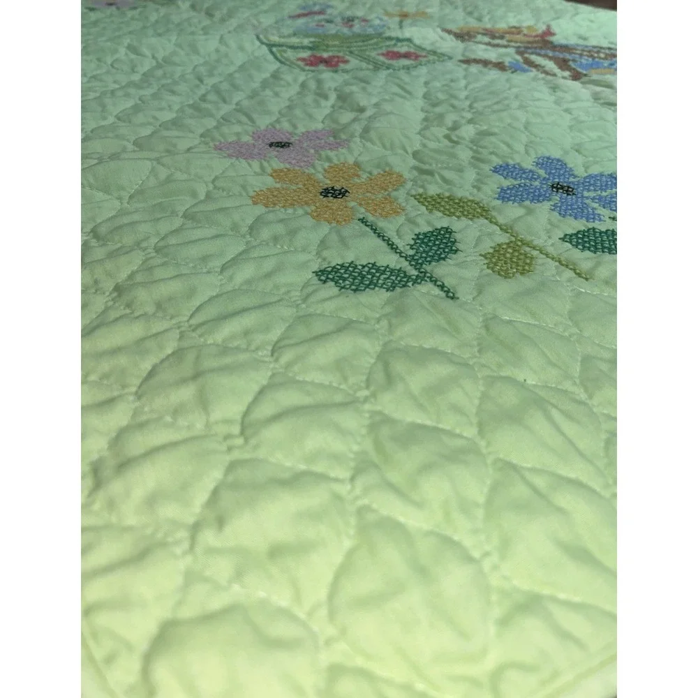 VTG Teddy Bear Jack In The Box Baby Crib Quilt Blanket Green Crossstitch 57