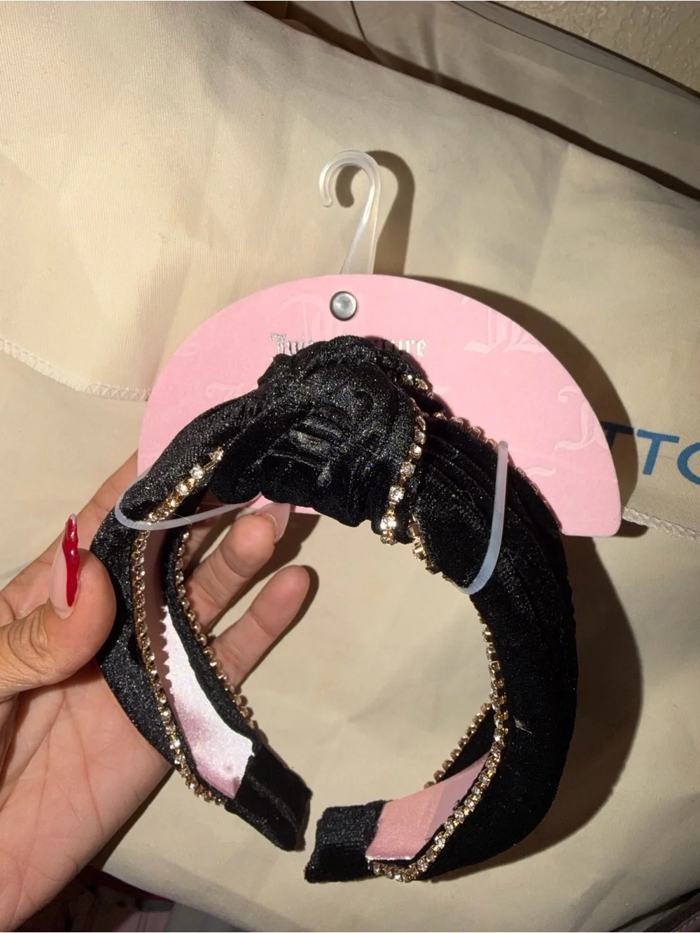 Juicy Couture Black Satin Knotted Headband with Gold Rhinestone Trim
