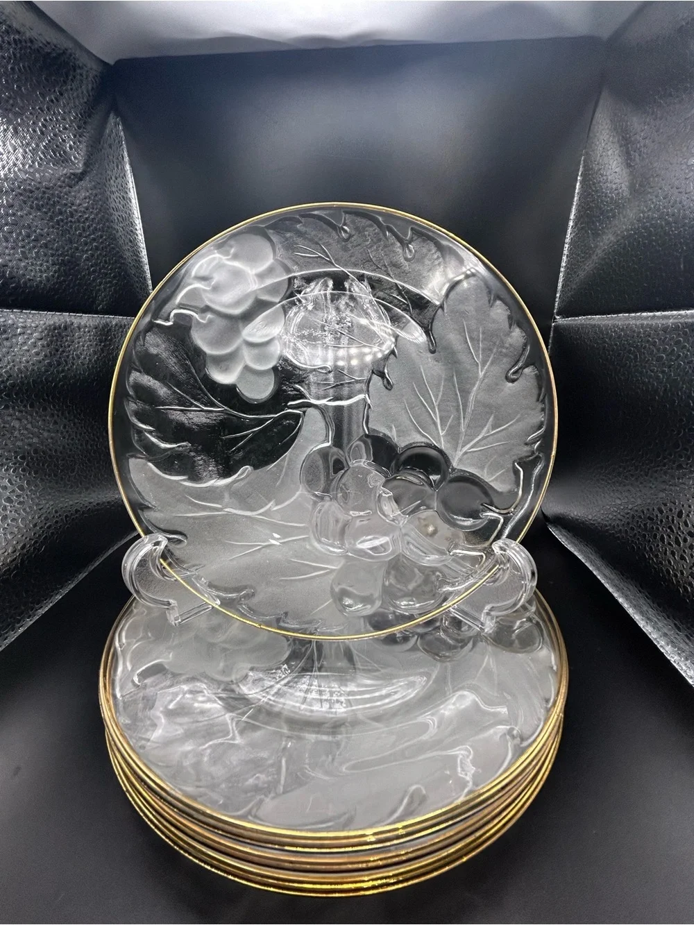 4 Vintage Frosted Glass Gold Rim Dessert Plate Embossed w/Grapes & Leaves