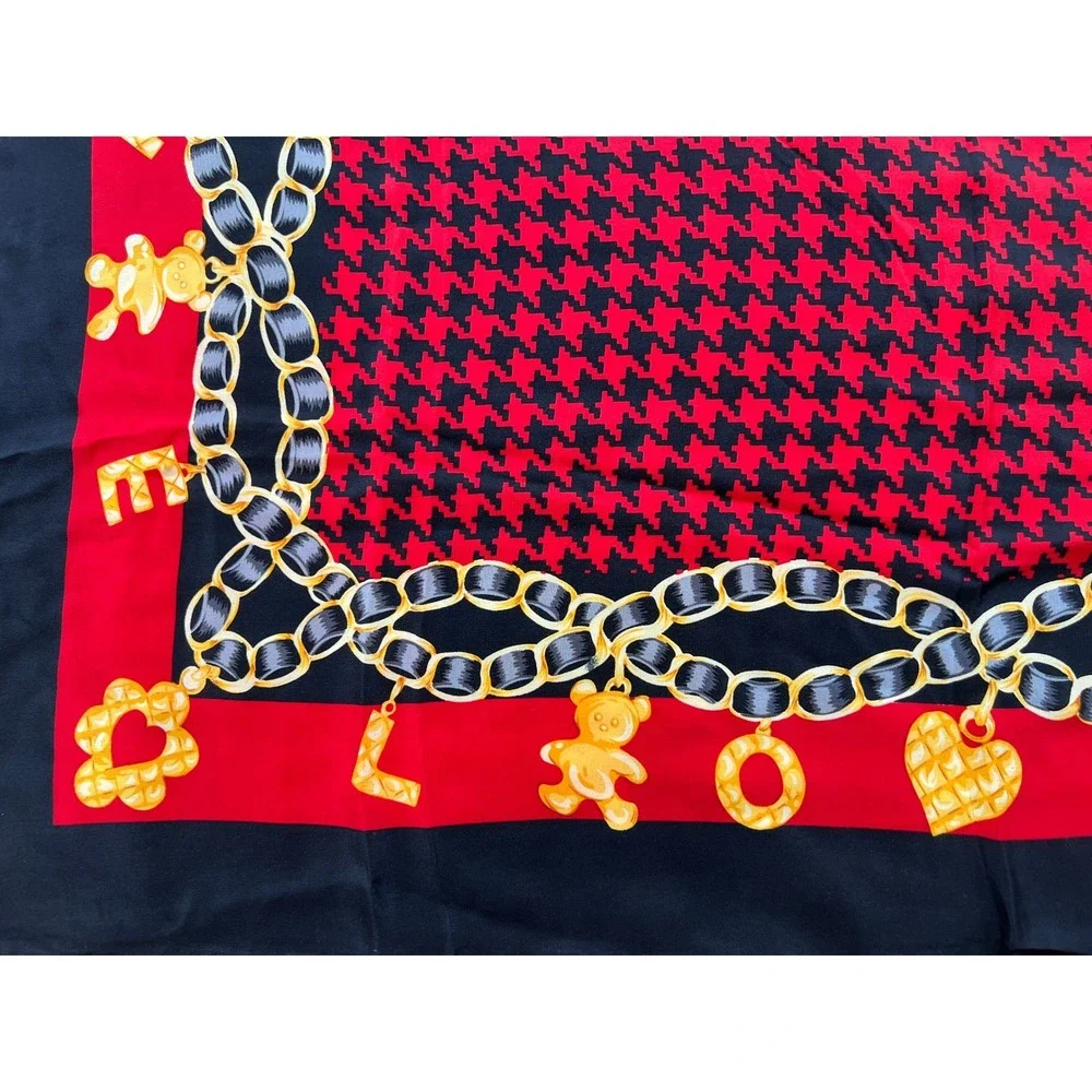 Vintage J G Hook 100% Silk Scarf‎ Red Black LOVE Teddy Bear Houndstooth
