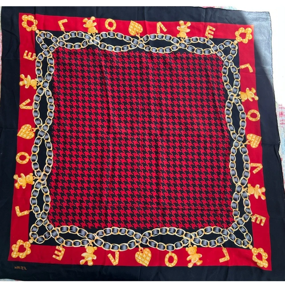 Vintage J G Hook 100% Silk Scarf‎ Red Black LOVE Teddy Bear Houndstooth