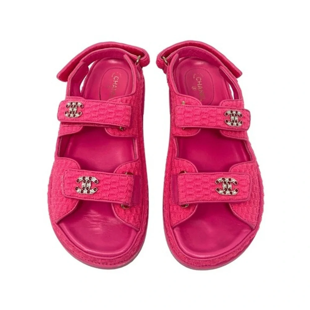Chanel Pink Tweed CC Logo Flat Dad‎ Sandals Straps EU 39