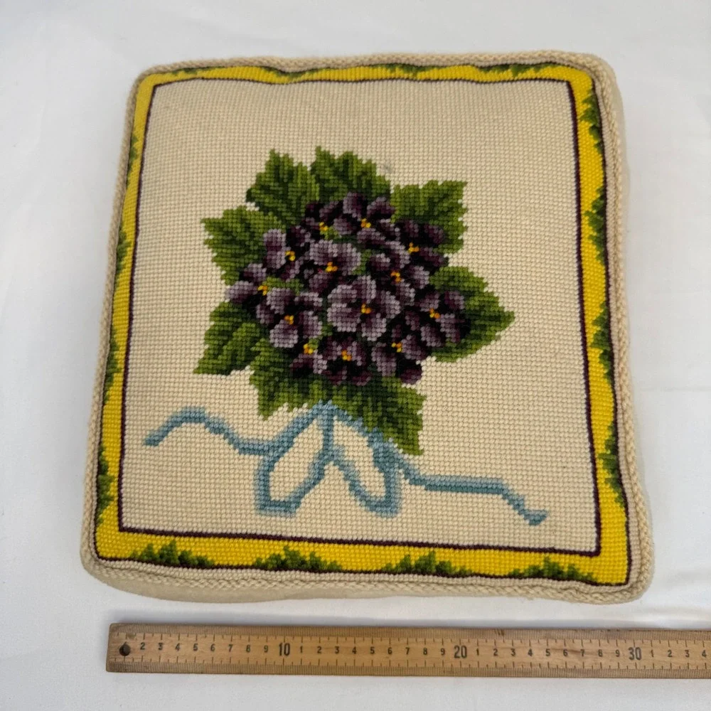 Vintage Needlepoint Violet Floral Throw Pillow Purple Yellow Velvet Back 12in