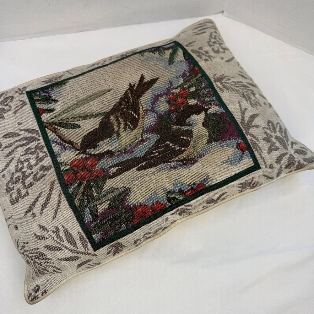 Vintage Woven Tapestry Bird Throw Pillow Winter Berries Rectangular Accent