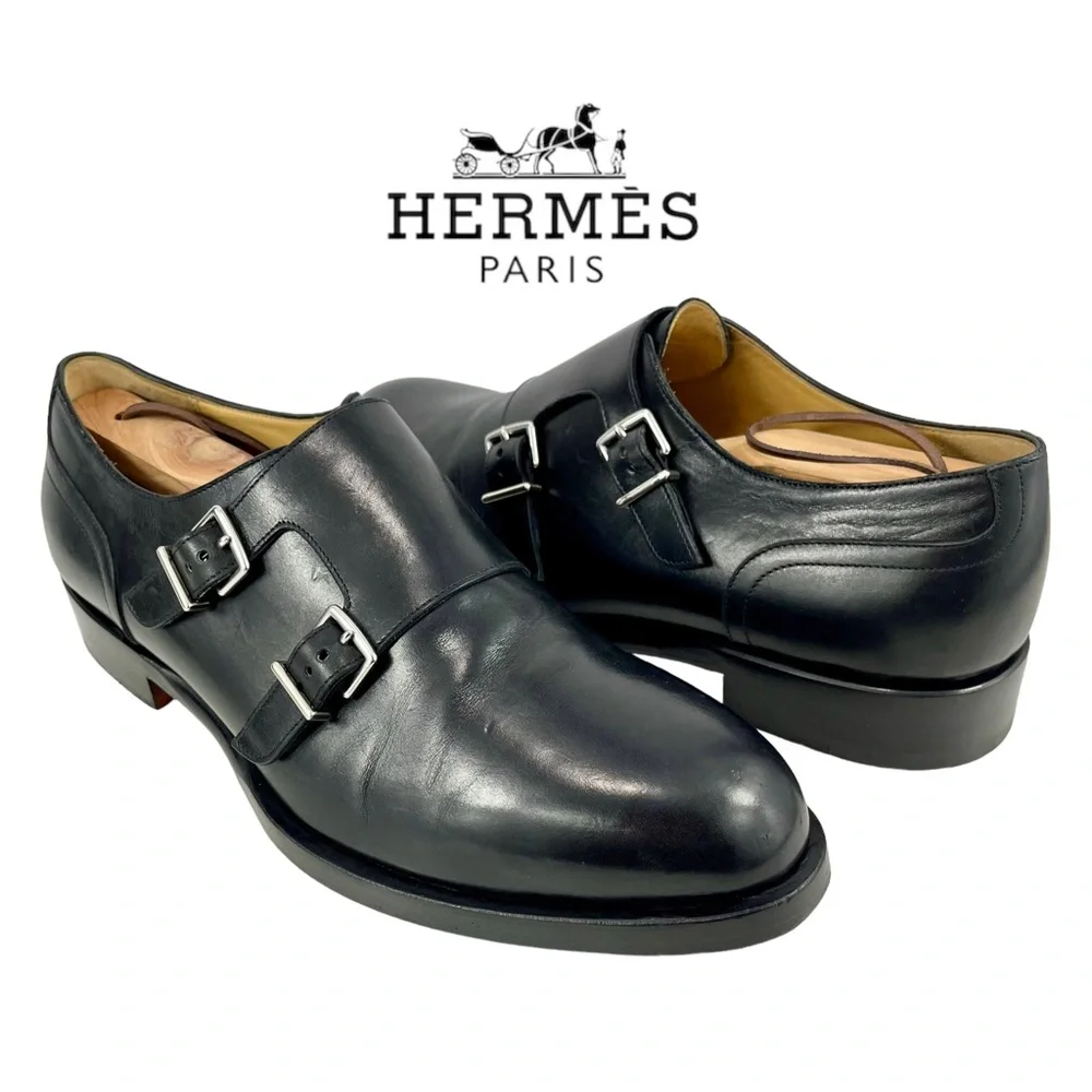 Hermès Men’s 42 Double Monk Strap Black Calfskin Dress Shoes Silver‎ Buckles