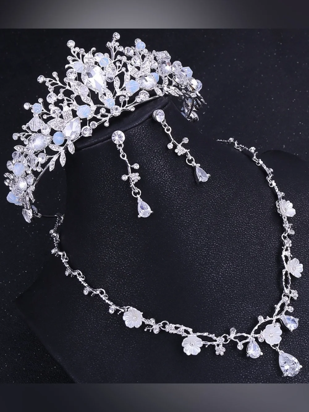 Silver Crystal Bridal Tiara and Earrings Set - White