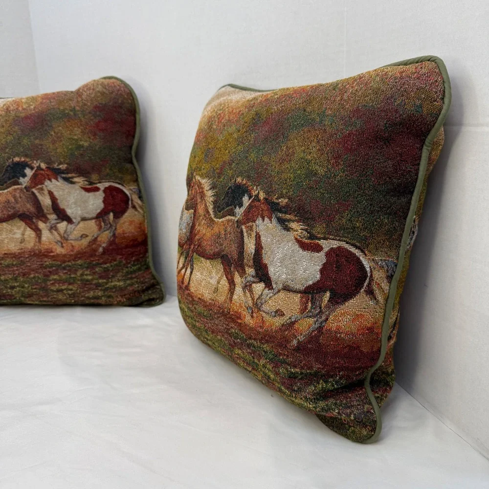 Vintage C.C. Cummings Wild Horse Tapestry Throw Pillows Set of 2 Western Decor