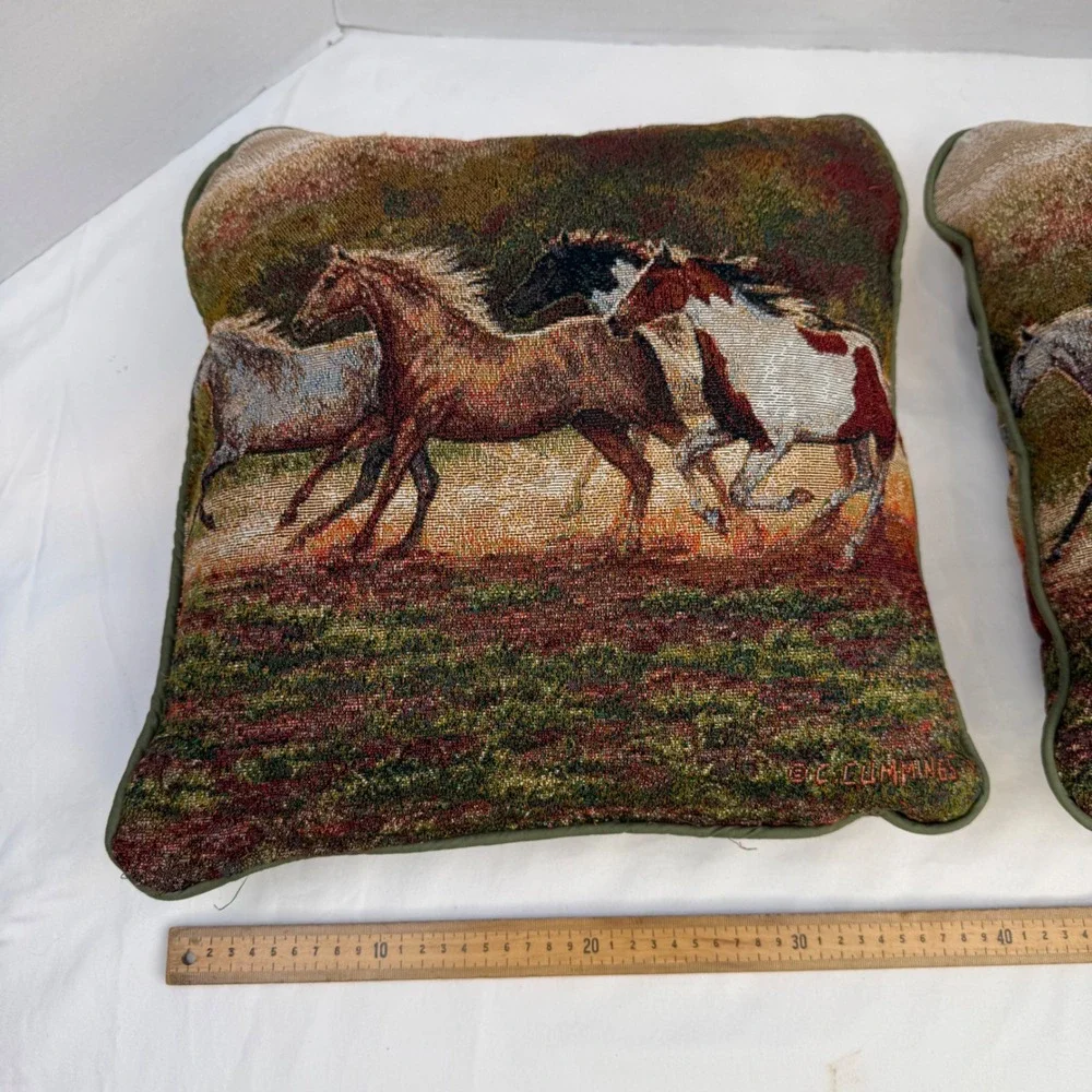 Vintage C.C. Cummings Wild Horse Tapestry Throw Pillows Set of 2 Western Decor